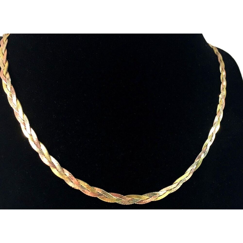 Vintage JBX Italy 925 Sterling Tri-Tone Braided Herringbone Necklace 10g 18"